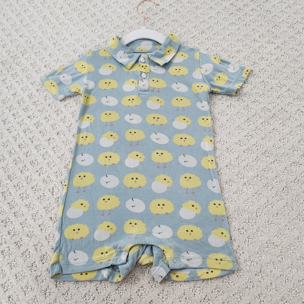 KicKee Pants Baby Blue Yellow Chick Egg Bamboo Polo Romper 12-18‎ Months